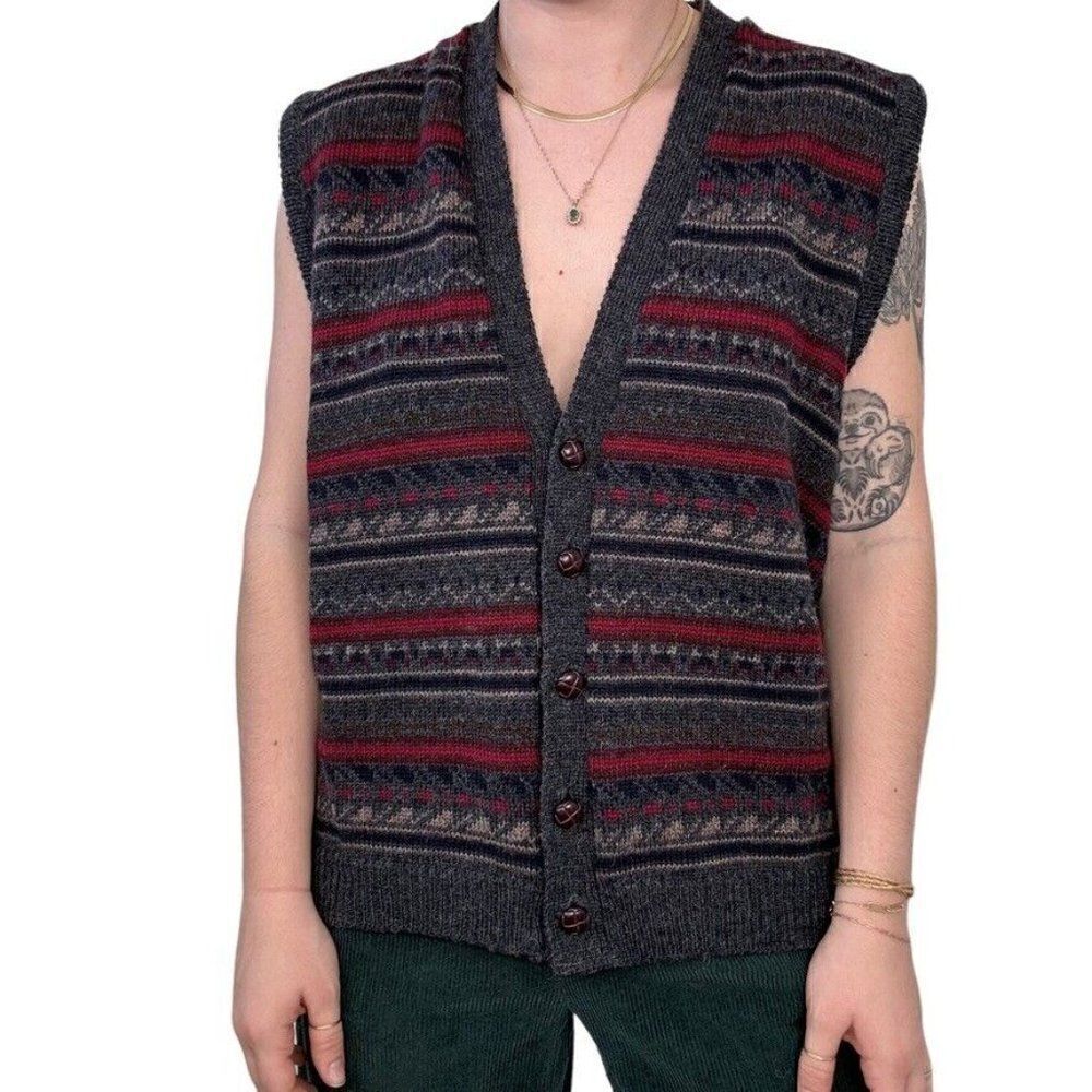 Vintage 1990s Wool Geometric V Neck Dark Academia Sweater Vest Preppy XL